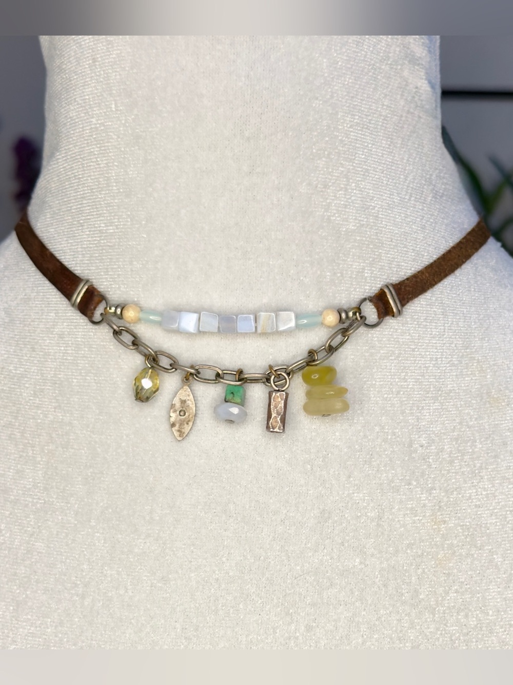J.Jill Boho Multi Strand Brown Suede Leather Mixed Stone Charm Necklace